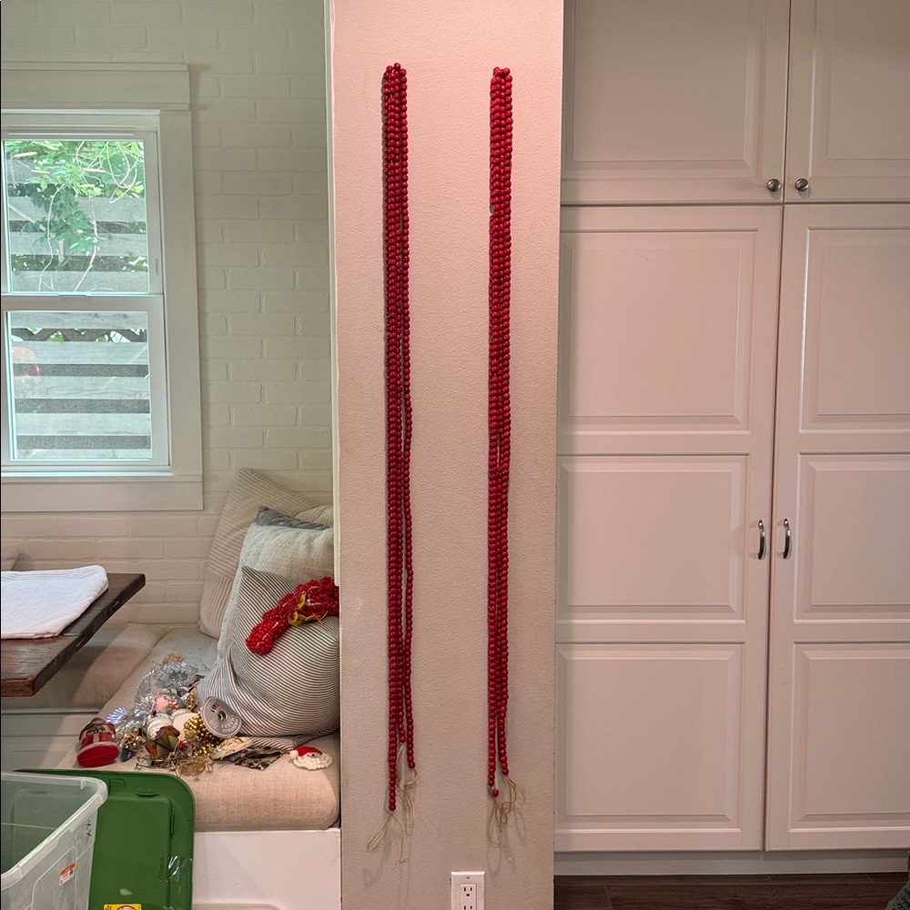 Red Wood Beaded Garland - set of 4 strands - approx 110 inches each - Picture 2 of 4